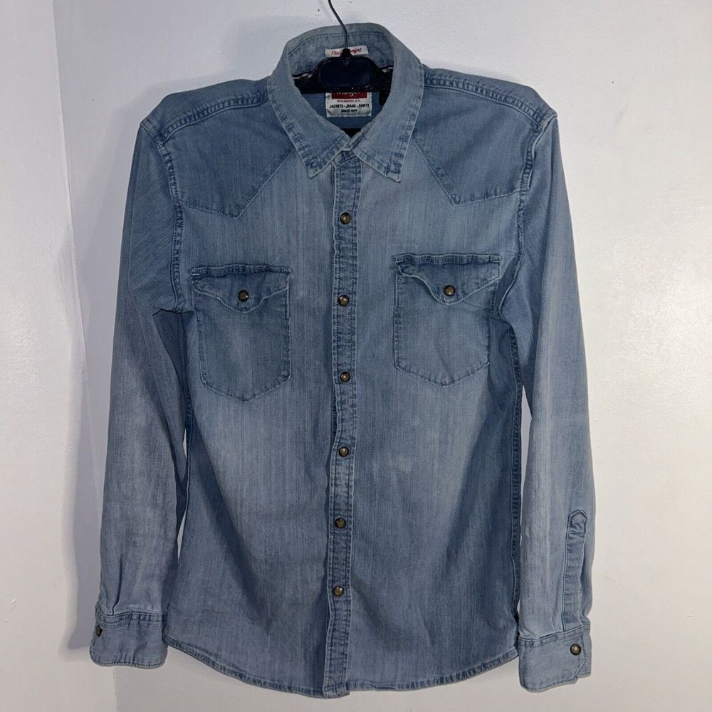 Wrangler Flex for comfort Small Men western‎ pearl snap shirt Blue denim